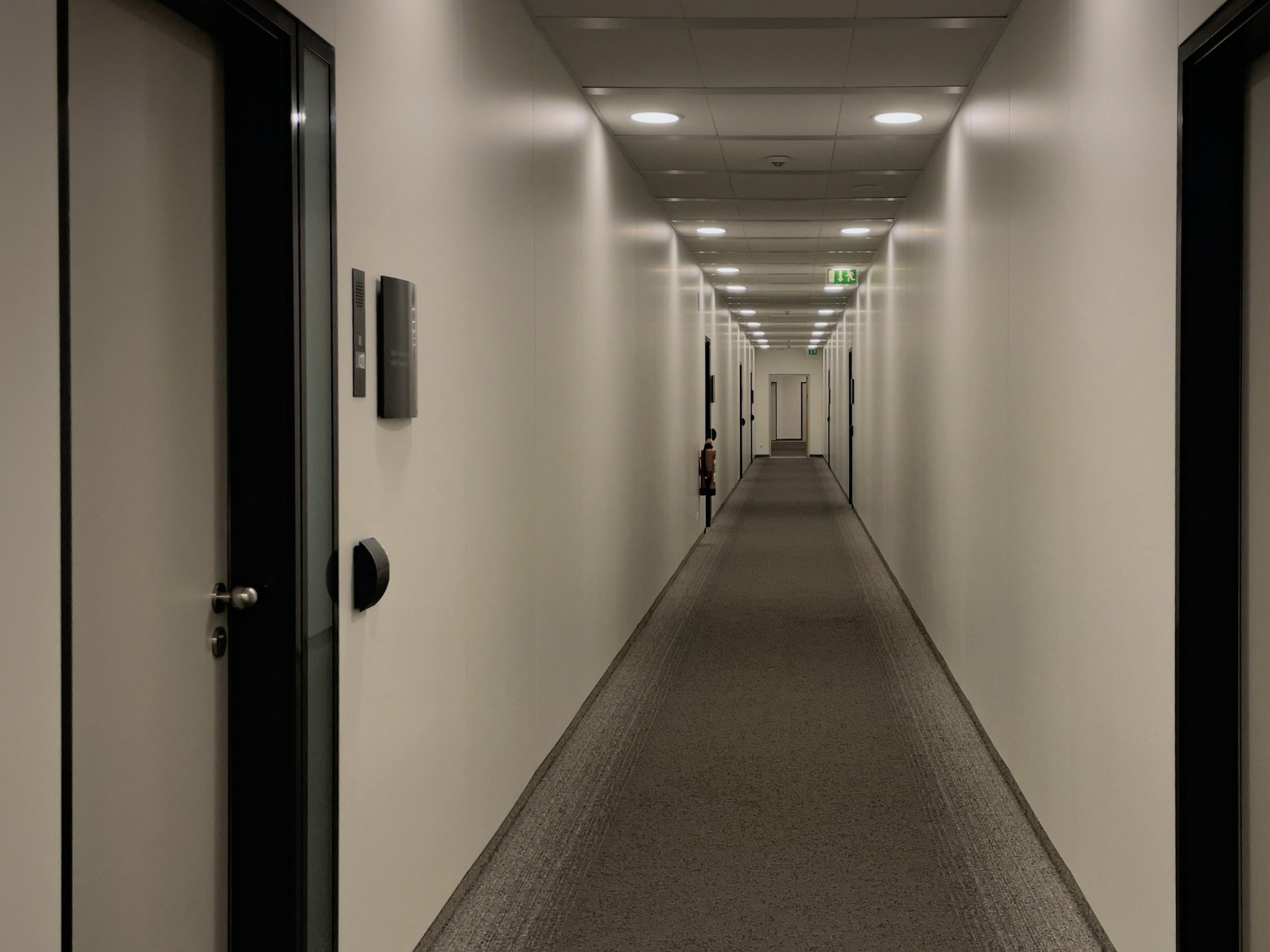 無人のオフィスビルの廊下。両側にドアが並び、奥へと続く通路が静まり返った空気を伝えている。